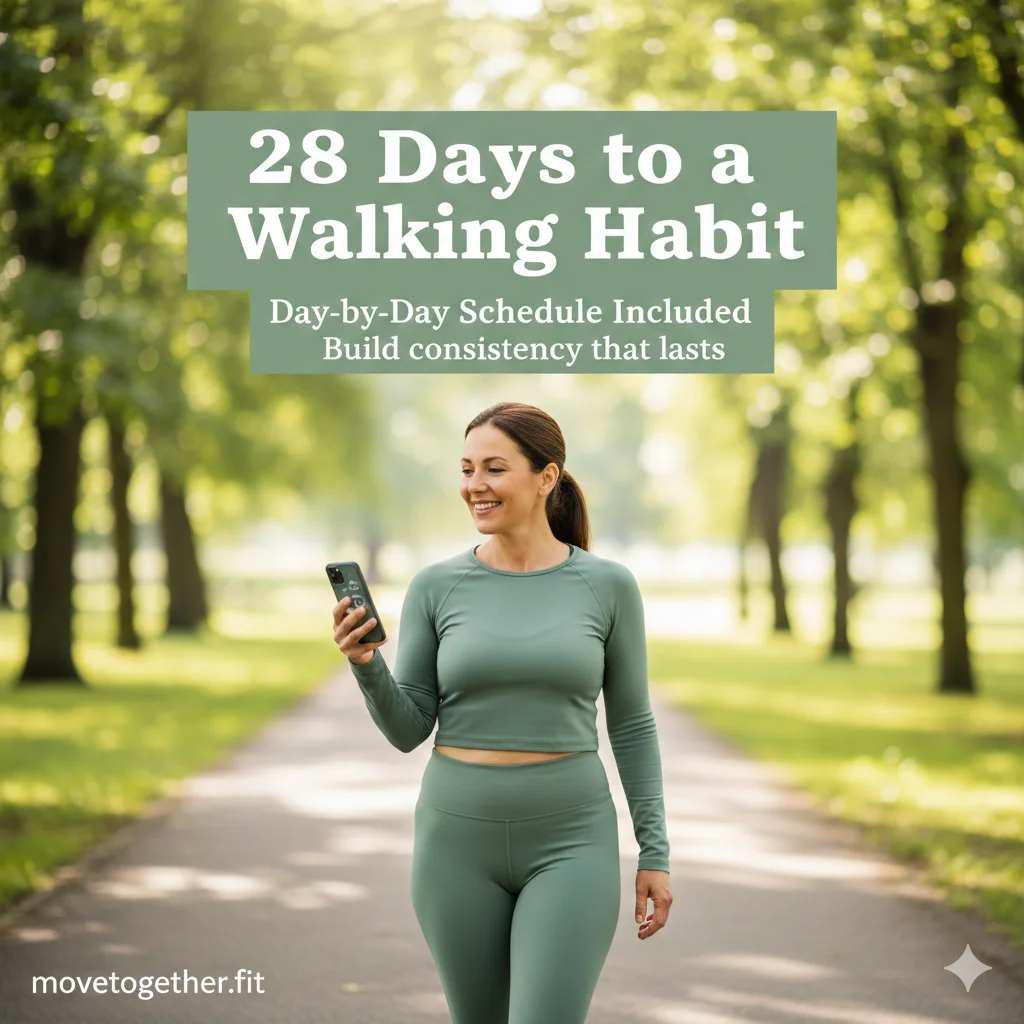 28 Days to a Walking Habit - Woman walking with phone tracking progress